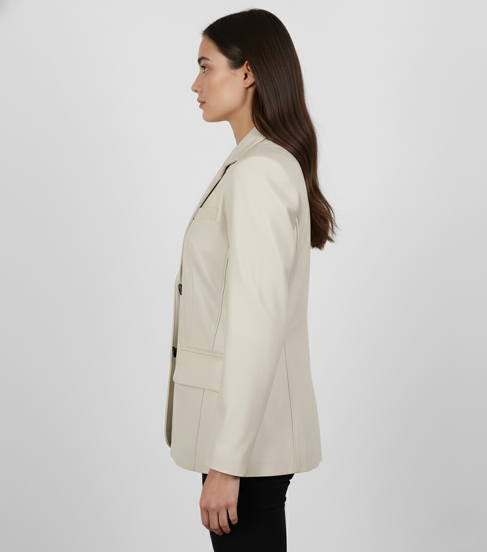 Womens Off White Leather Blazer - Collar Detail