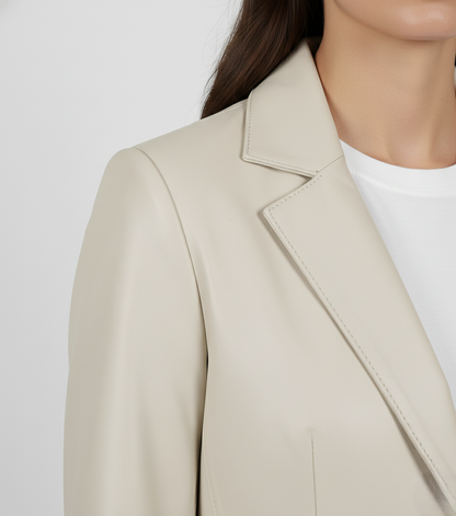 Womens Off White Leather Blazer - Collar Look
