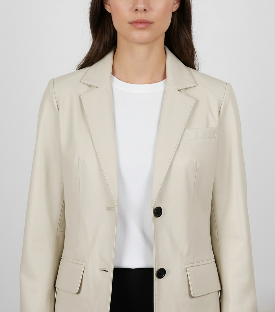 Womens Off White Leather Blazer - Deatil View