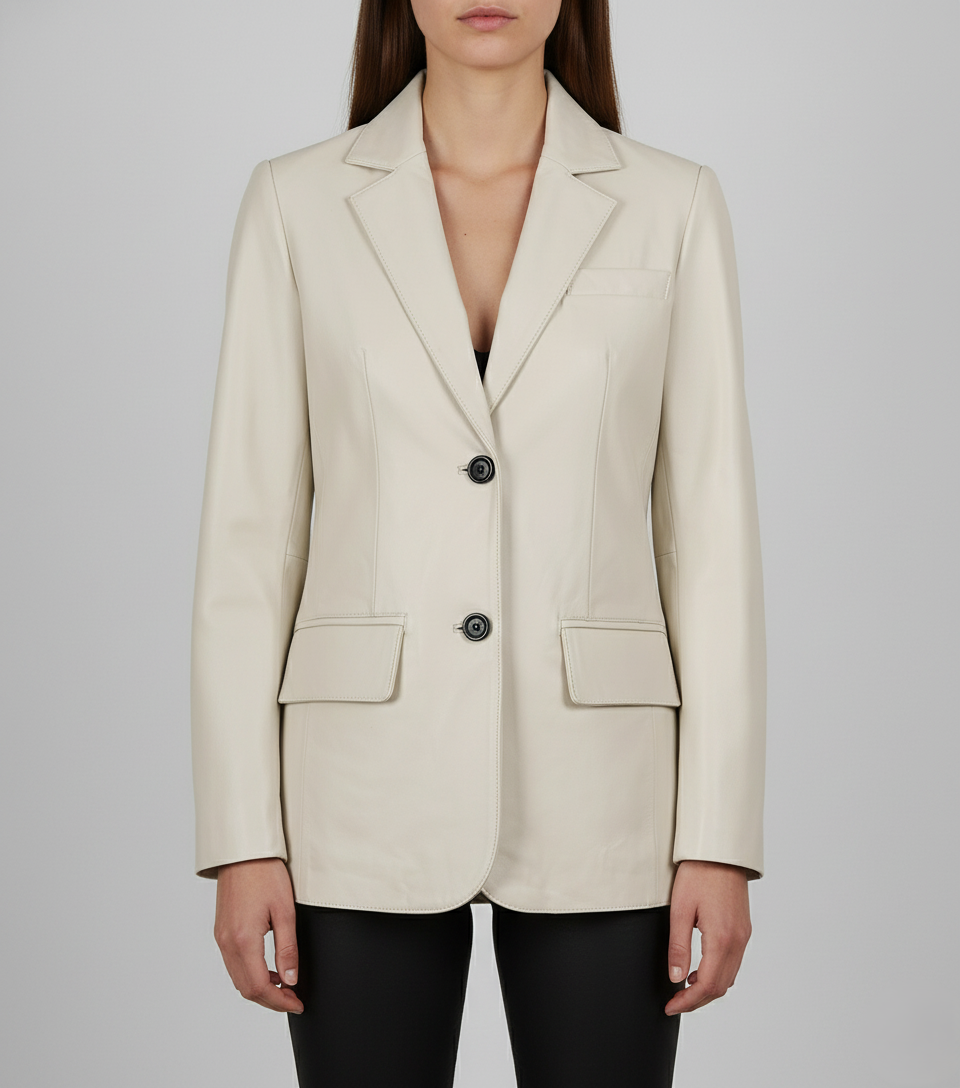 Womens Off White Leather Blazer - Front View