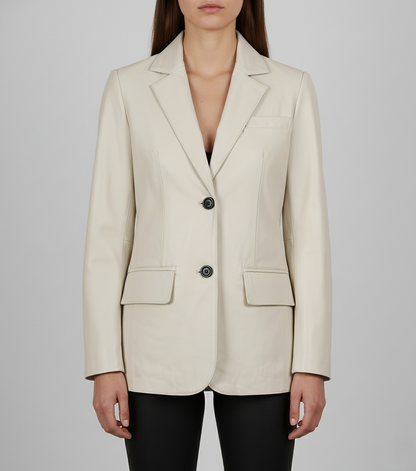 Womens Off White Leather Blazer - Front View