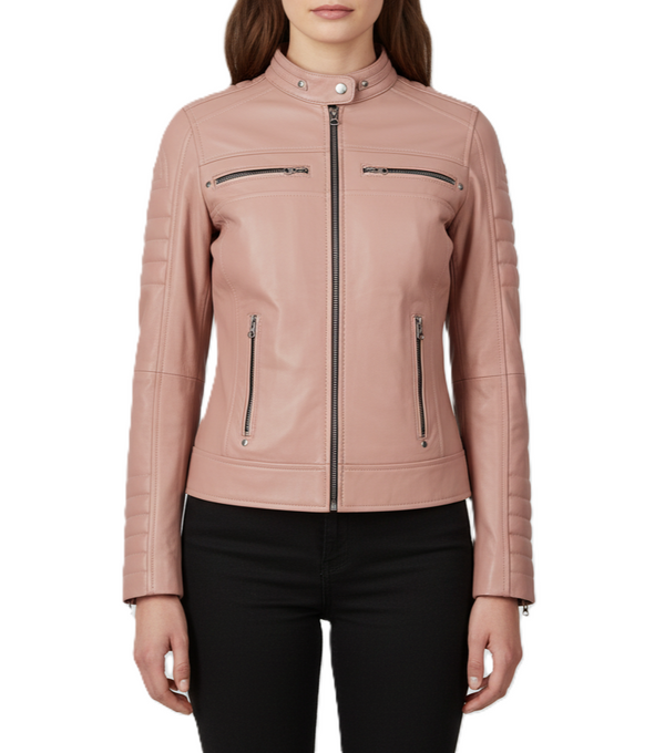 Womens Pink Biker Leather Jacket - Front View