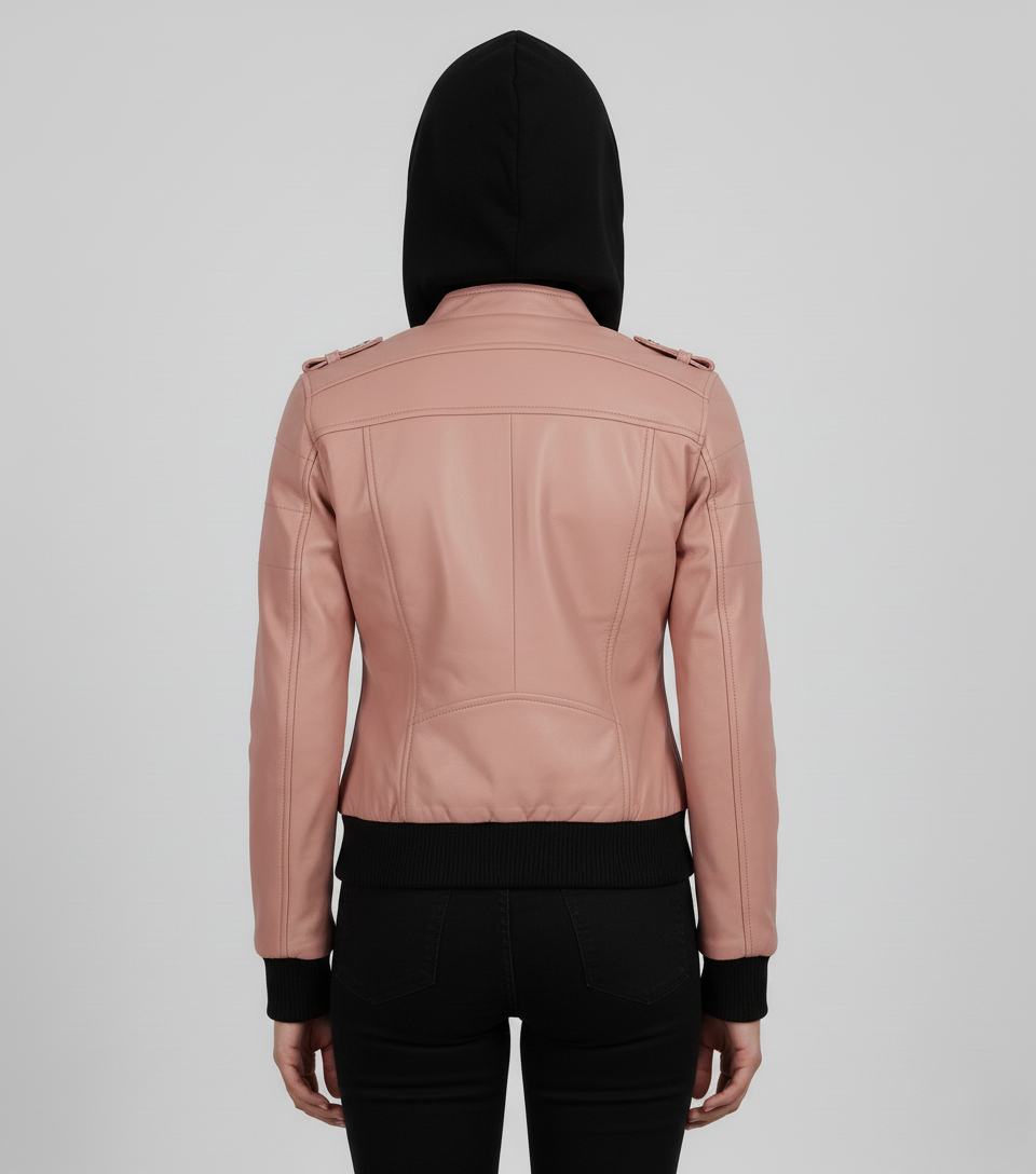 Womens Pink Hooded Leather Bomber Jacket - Back View