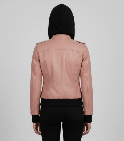 Womens Pink Hooded Leather Bomber Jacket - Back View