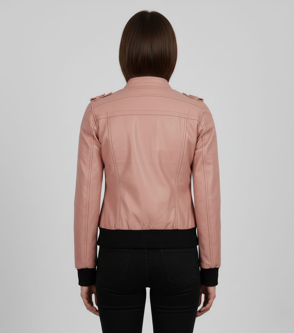 Womens Pink Hooded Leather Bomber Jacket - Detail View