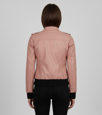 Womens Pink Hooded Leather Bomber Jacket - Detail View