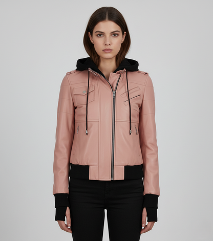 Womens Pink Hooded Leather Bomber Jacket - Front View