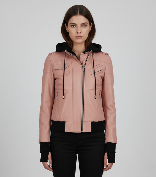 Womens Pink Hooded Leather Bomber Jacket - Front View