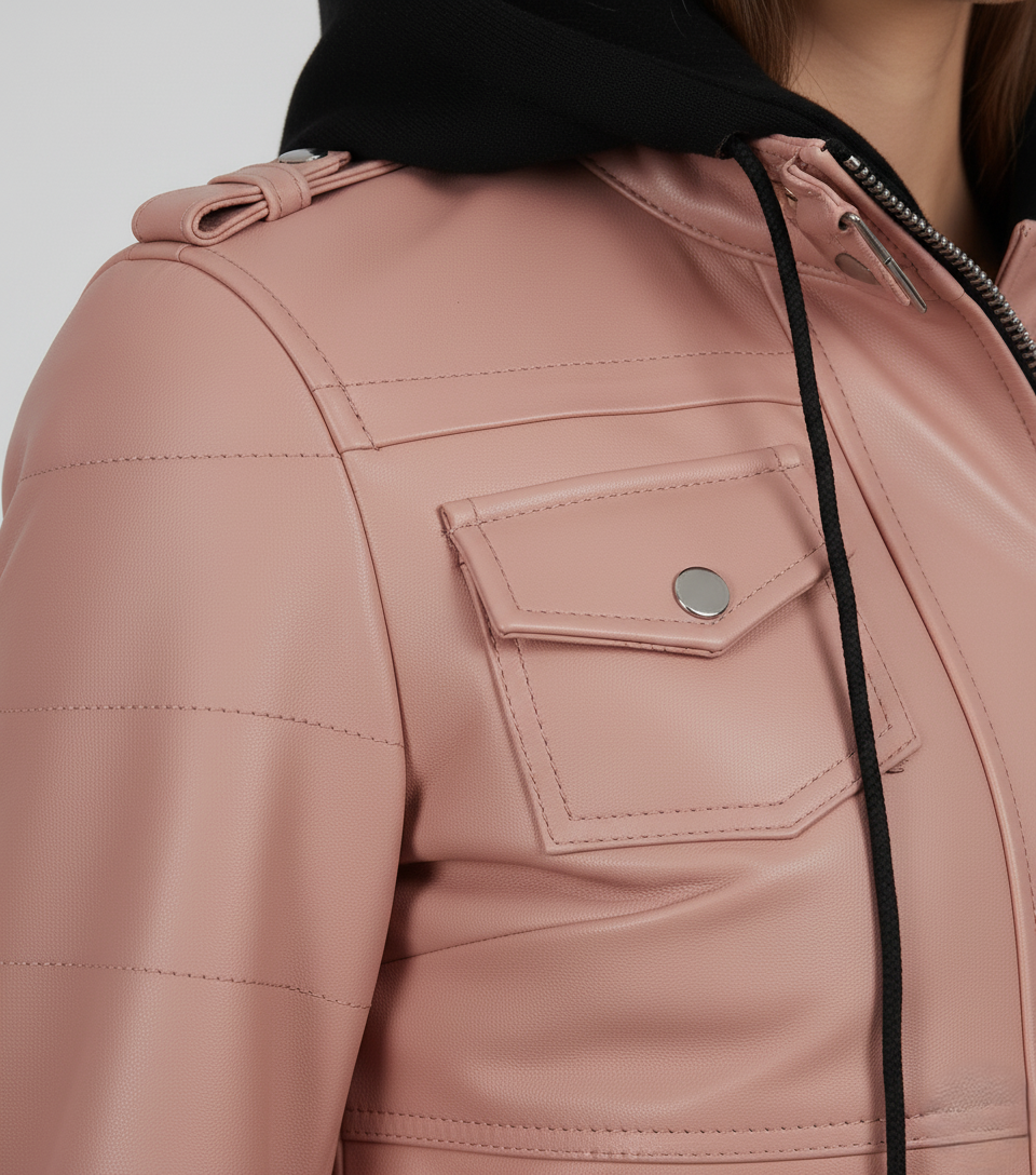 Womens Pink Hooded Leather Bomber Jacket - Full Look