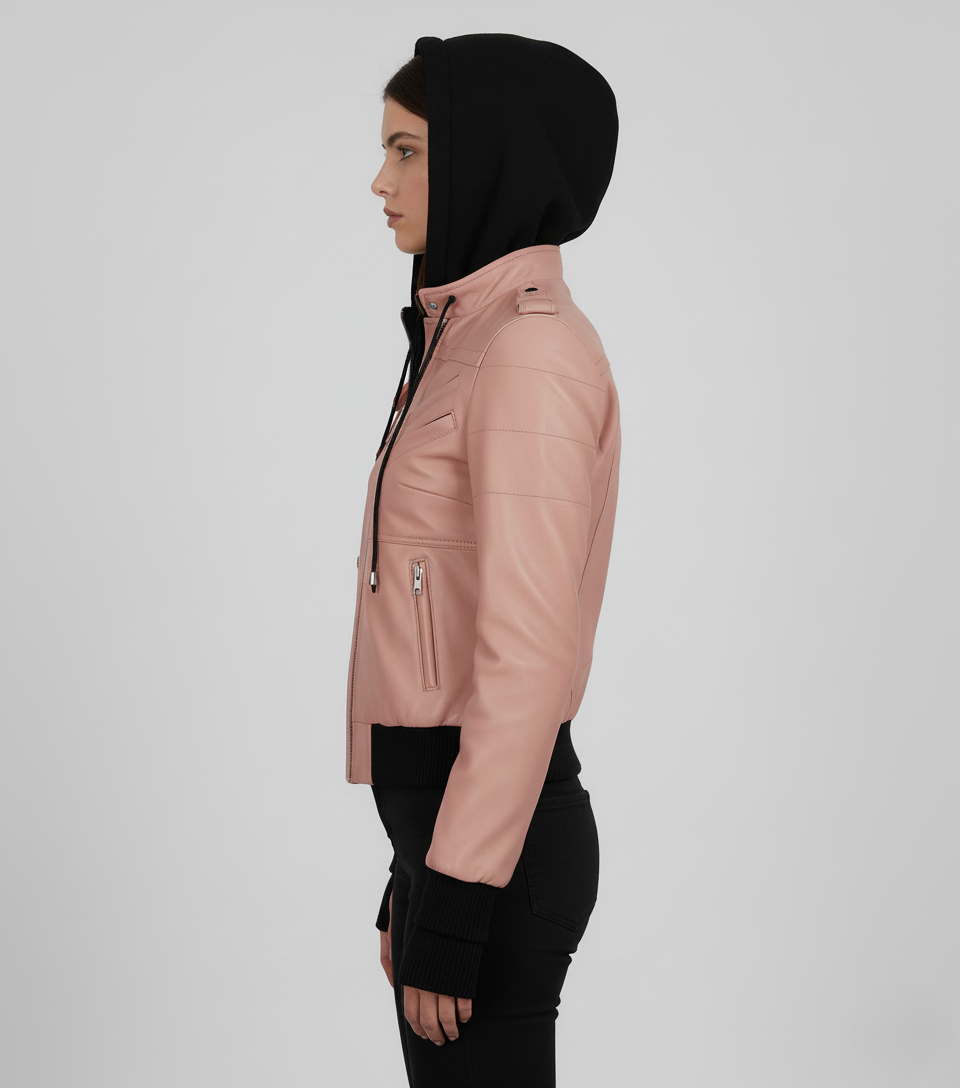 Womens Pink Hooded Leather Bomber Jacket - Hood Detail