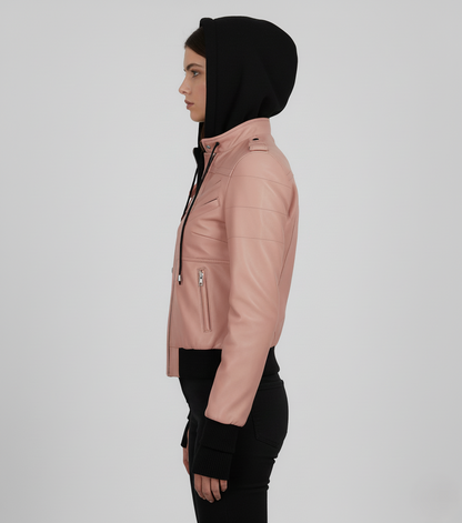 Womens Pink Hooded Leather Bomber Jacket - Hood Detail