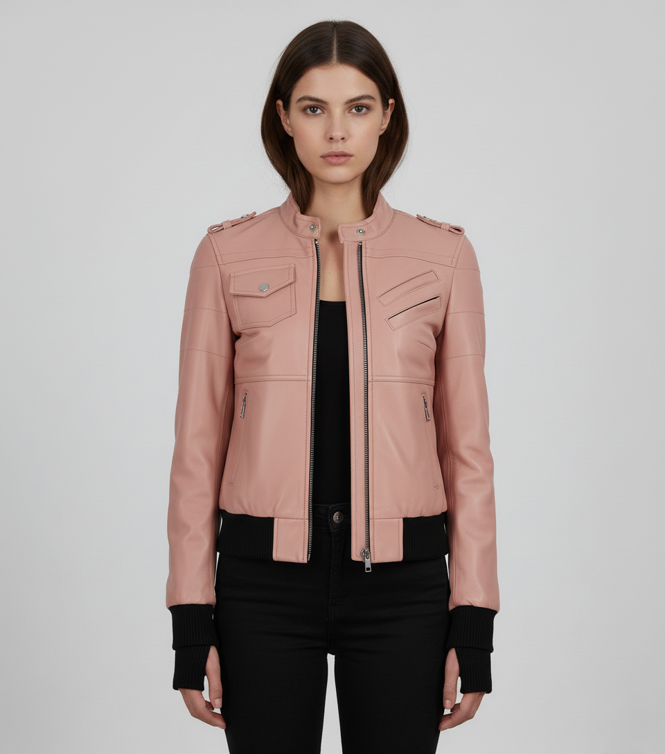 Womens Pink Hooded Leather Bomber Jacket - Side View