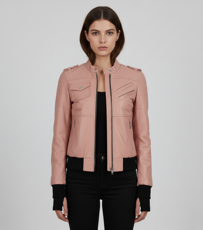 Womens Pink Hooded Leather Bomber Jacket - Side View