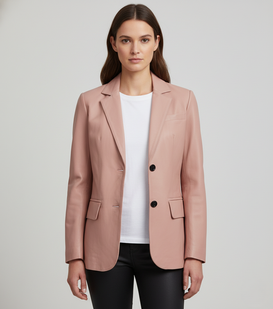 Womens Pink Leather Blazer - Front View