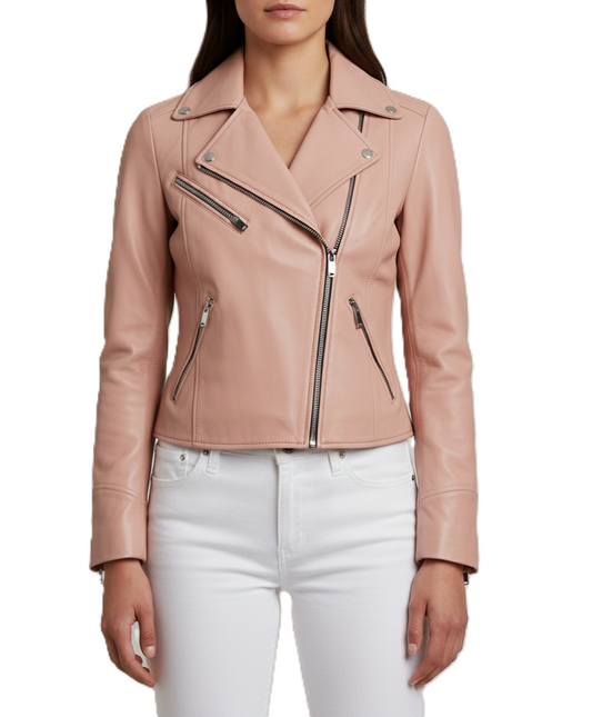 Womens Pink Leather Motorcycle Jacket - Front View