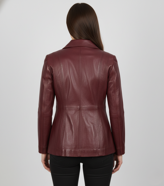 Womens Plum Leather Blazer - Back View
