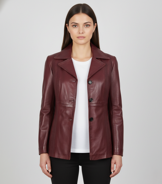 Womens Plum Leather Blazer - Front View