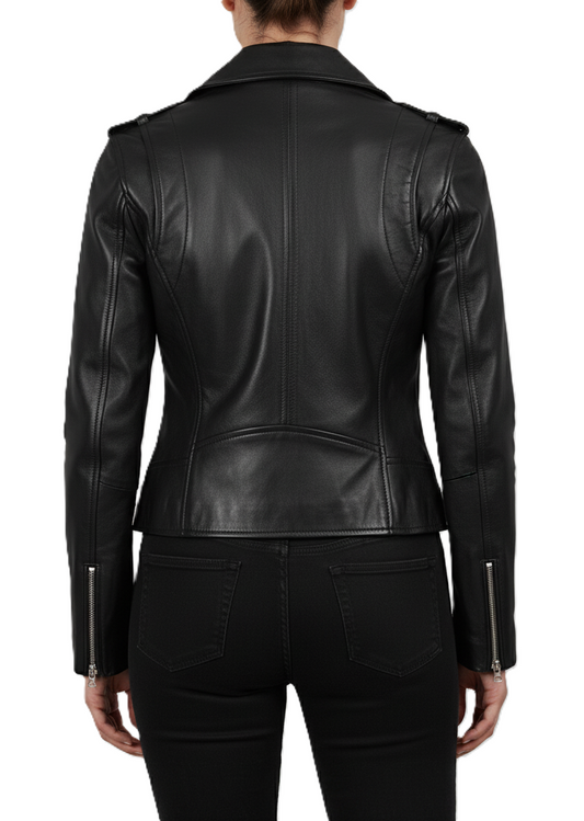 Womens Premium Black Leather Biker Jacket - Back View