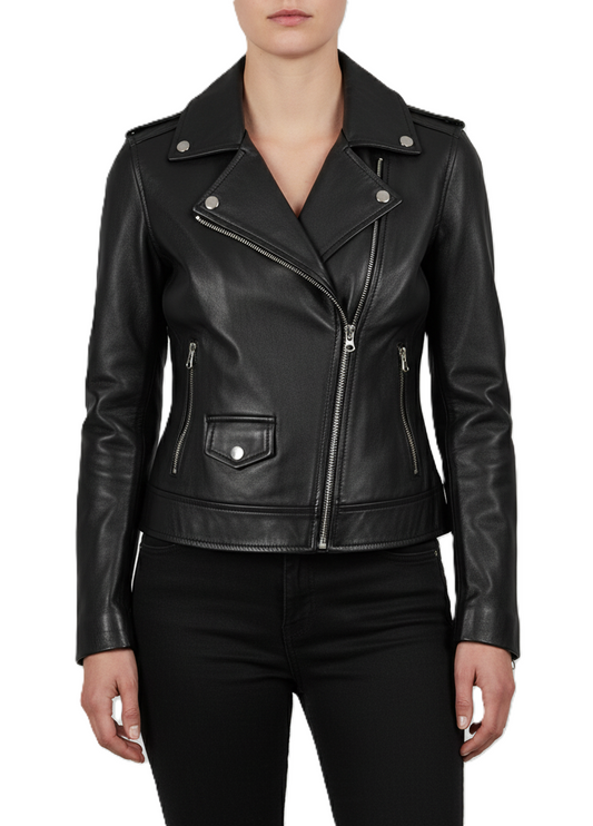 Womens Premium Black Leather Biker Jacket - Front View