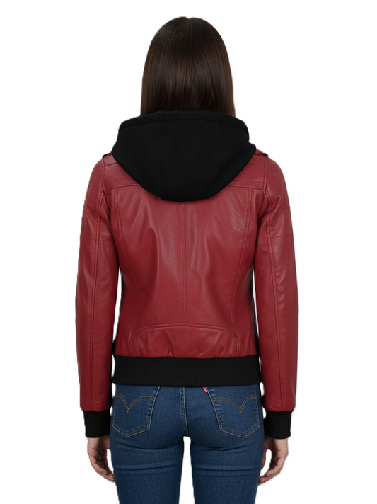 Womens Red Hooded Leather Jacket - Back View