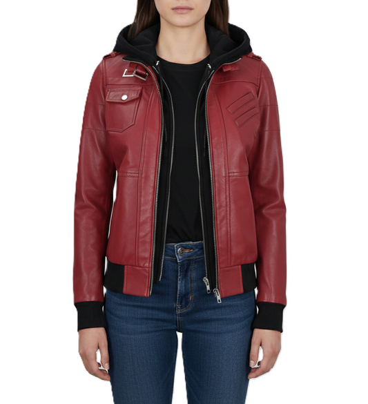 Womens Red Hooded Leather Jacket - Front View