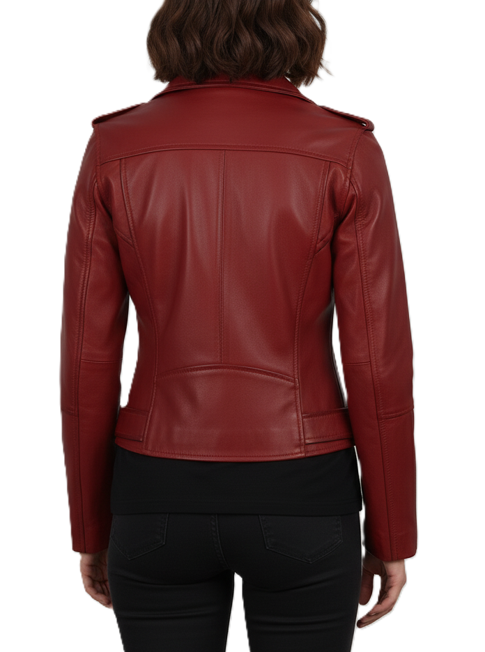 Womens Red Leather Motorcycle Jacket - Back View