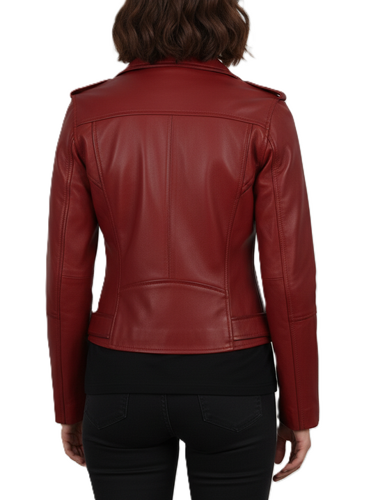 Womens Red Leather Motorcycle Jacket - Back View