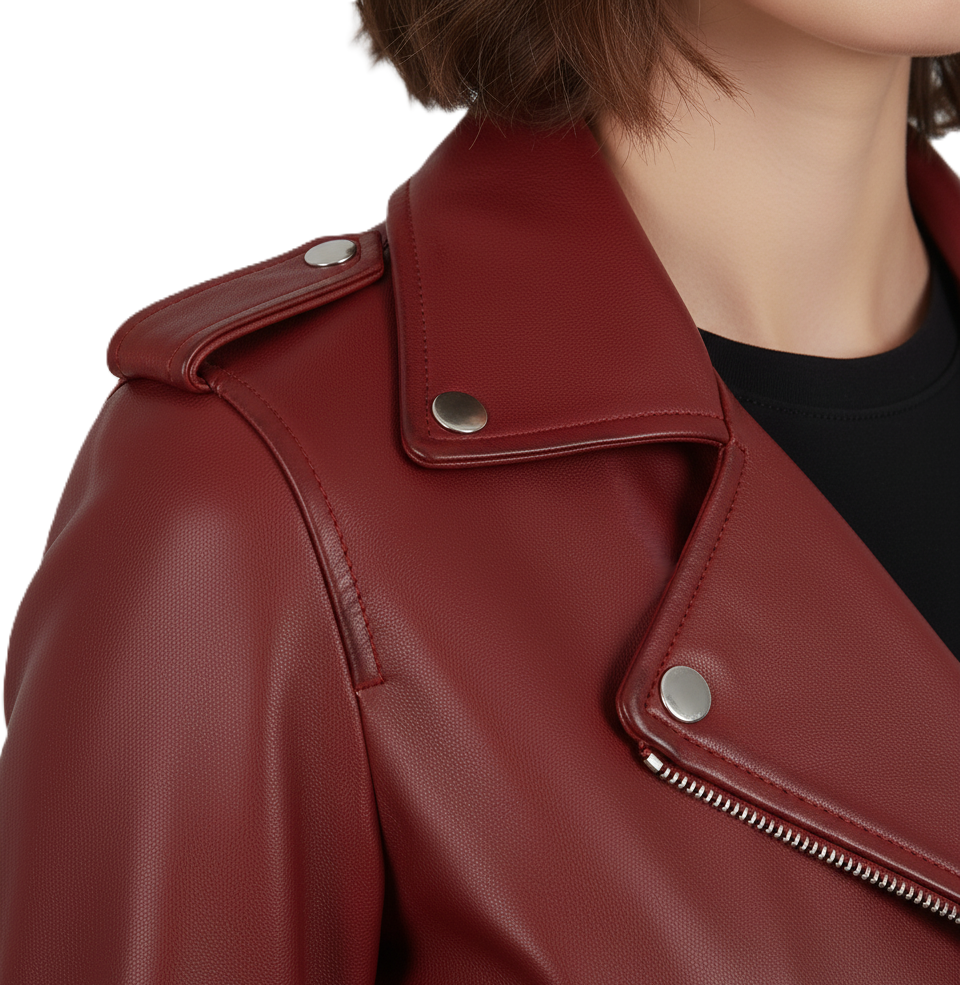 Womens Red Leather Motorcycle Jacket - Collar Detail