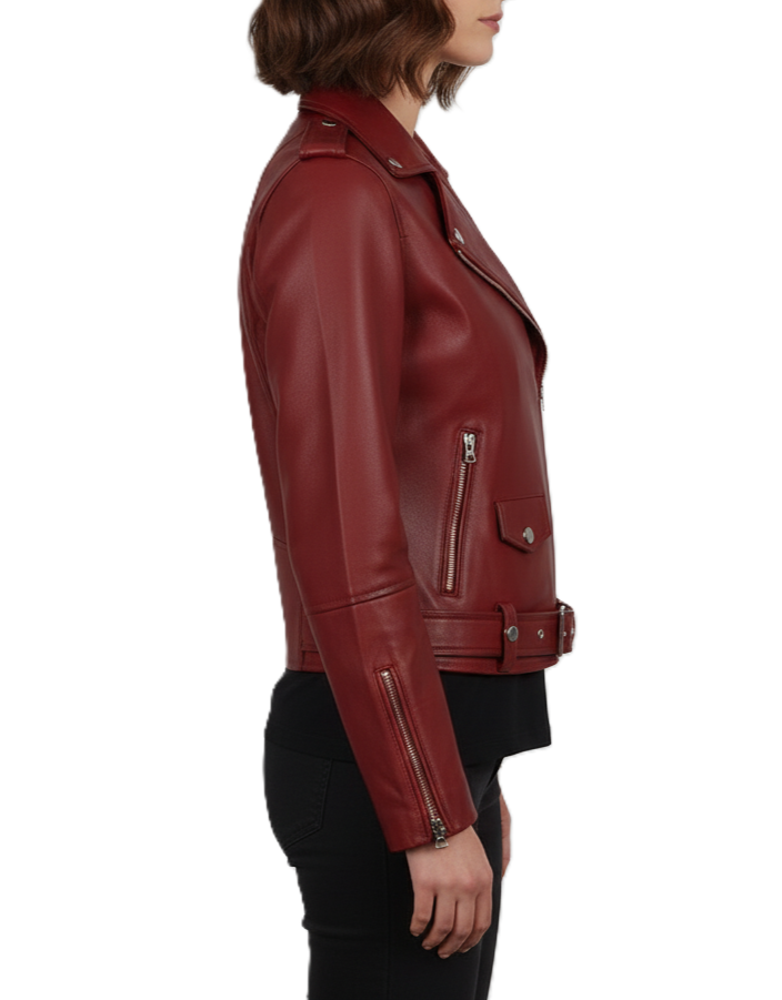 Womens Red Leather Motorcycle Jacket - Detail View