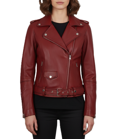 Womens Red Leather Motorcycle Jacket - Front View