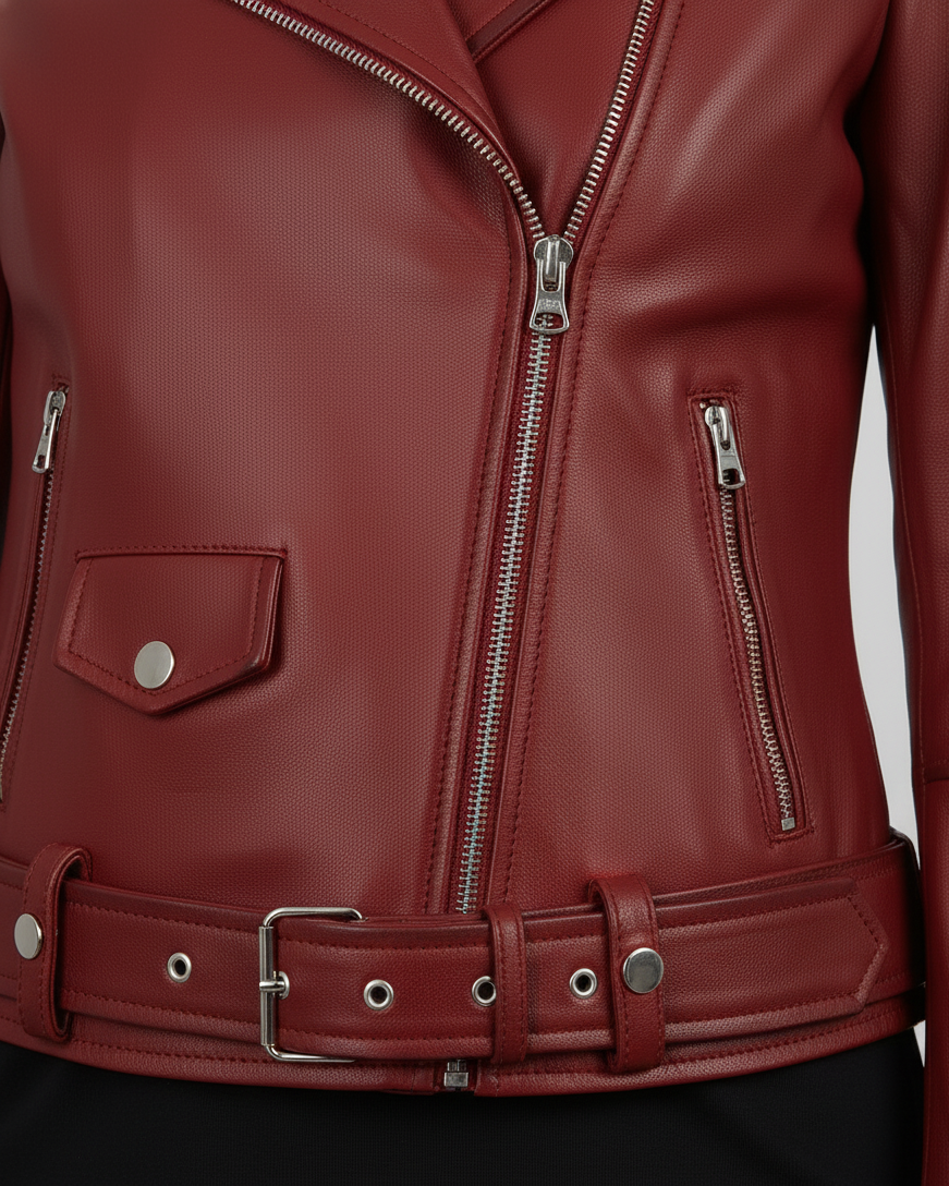 Womens Red Leather Motorcycle Jacket - Full Look