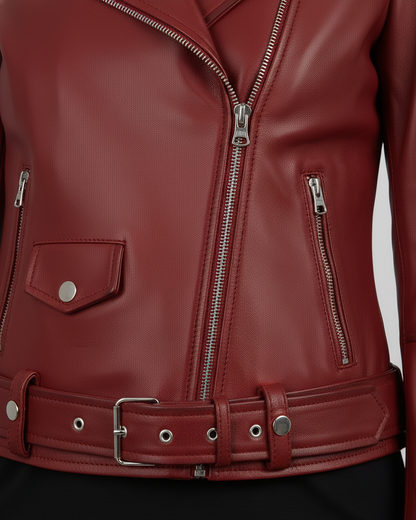 Womens Red Leather Motorcycle Jacket - Full Look