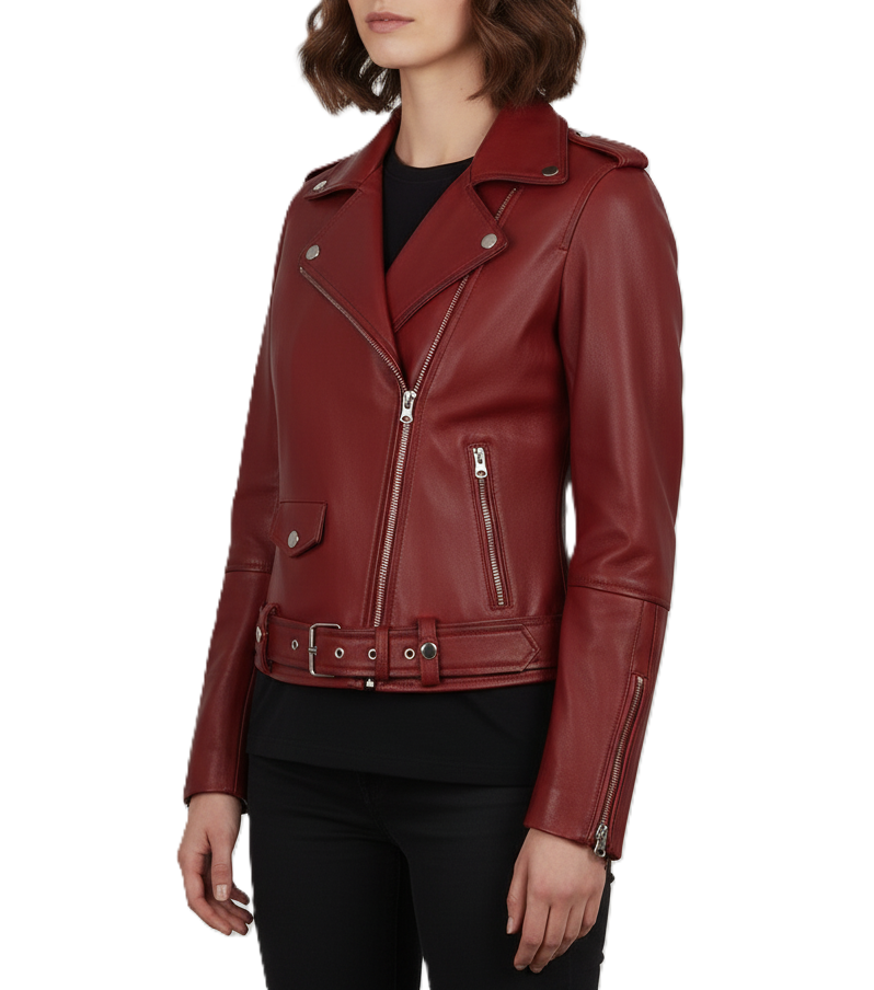 Womens Red Leather Motorcycle Jacket - Side View