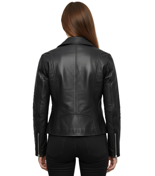 Womens Slim Fit Black Leather Biker Jacket - Back View