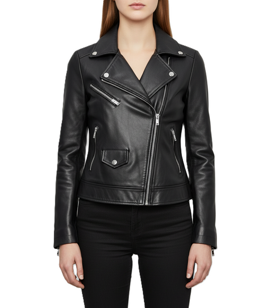 Womens Slim Fit Black Leather Biker Jacket - Front View