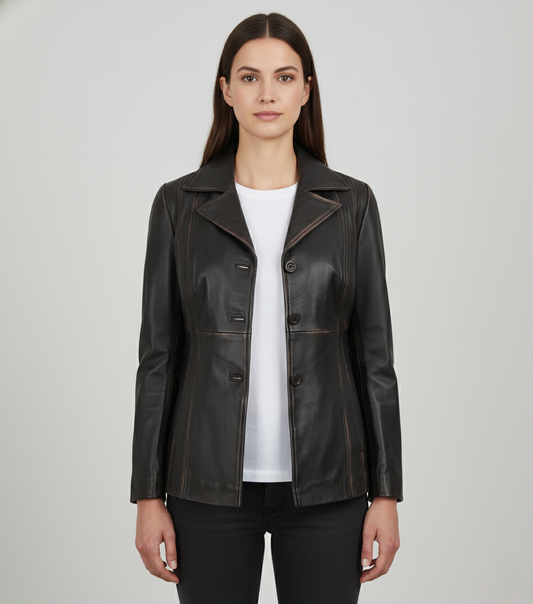Womens Vintage Leather Blazer - Front View